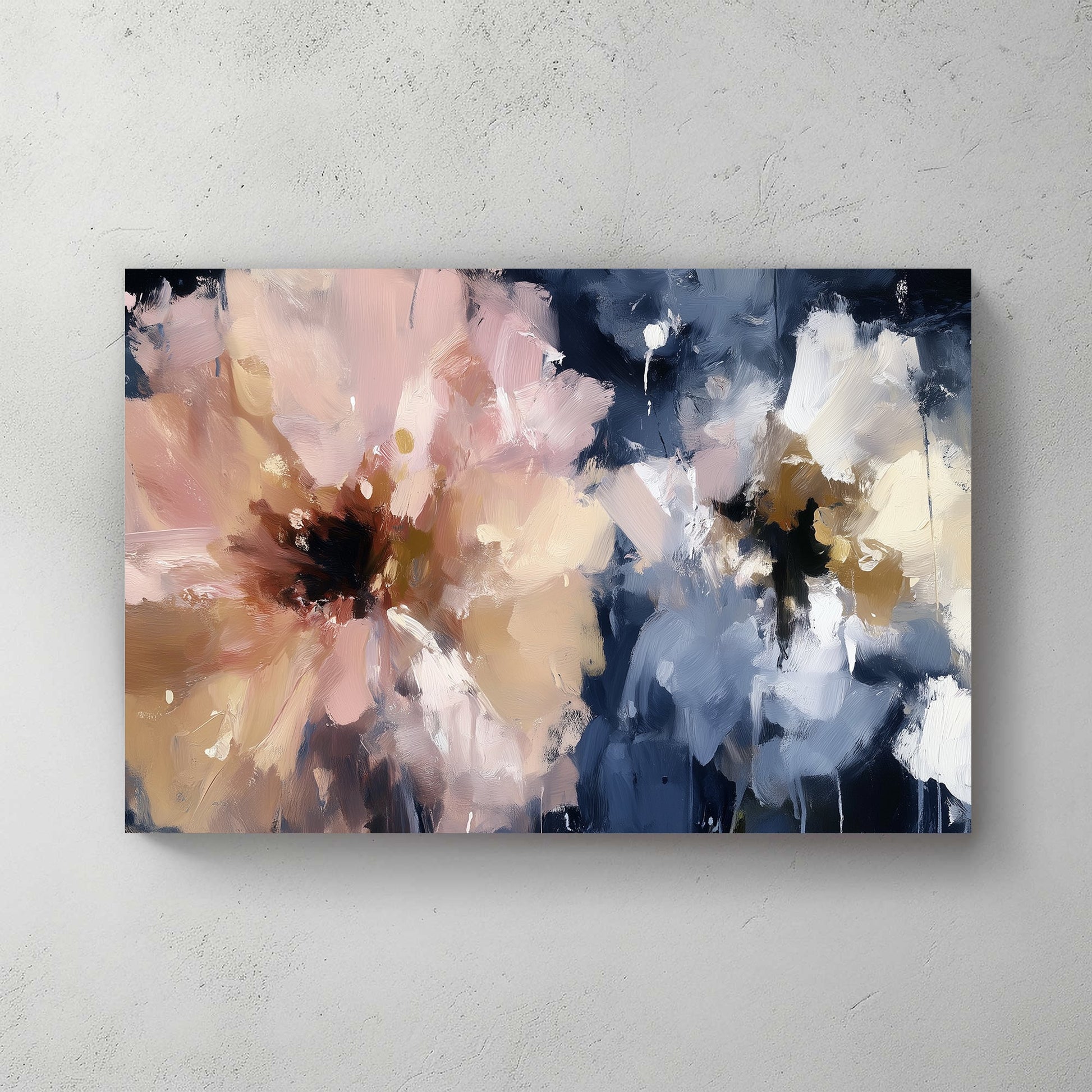 abstract floral wall art in pink, beige, and navy with expressive brushstrokes
