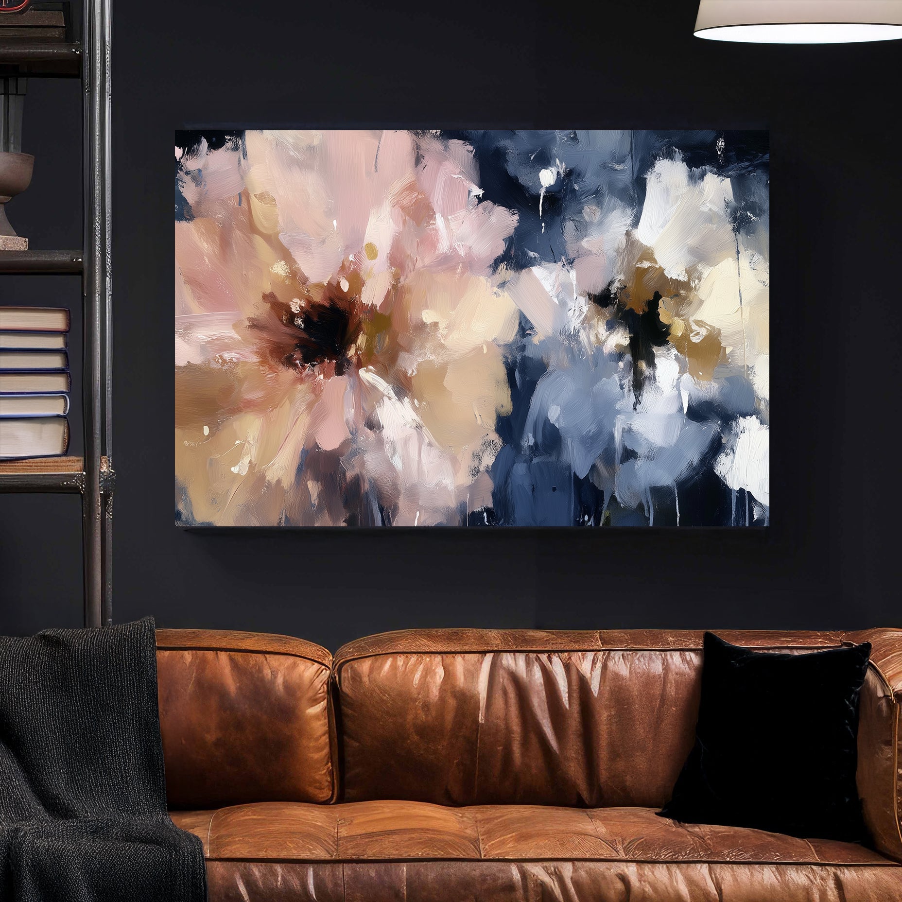 abstract floral wall art in pink, beige, and navy with expressive brushstrokes