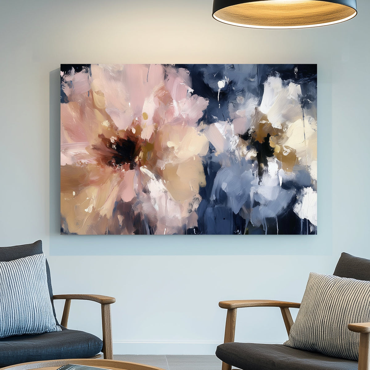 abstract floral wall art in pink, beige, and navy with expressive brushstrokes