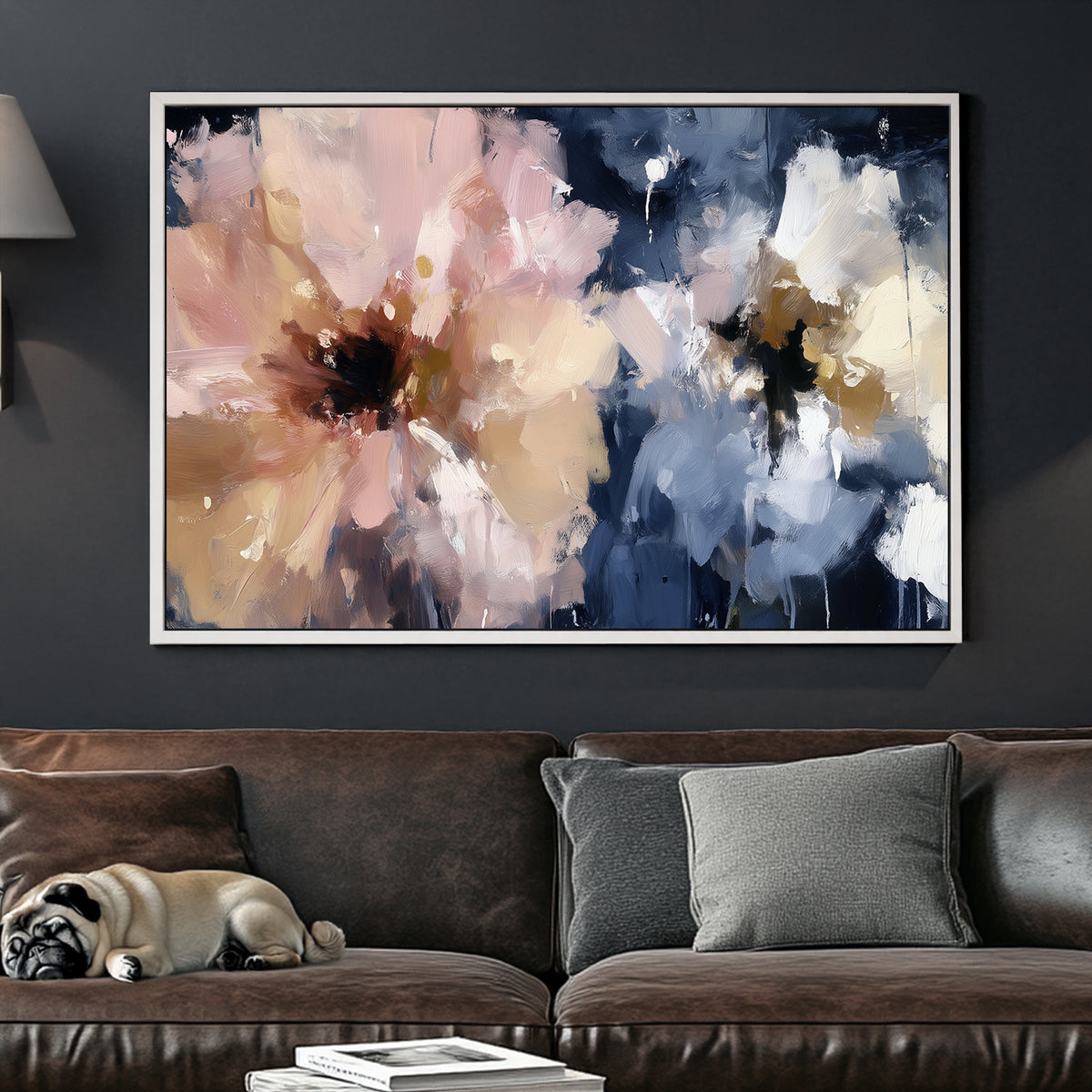 abstract floral wall art in pink, beige, and navy with expressive brushstrokes