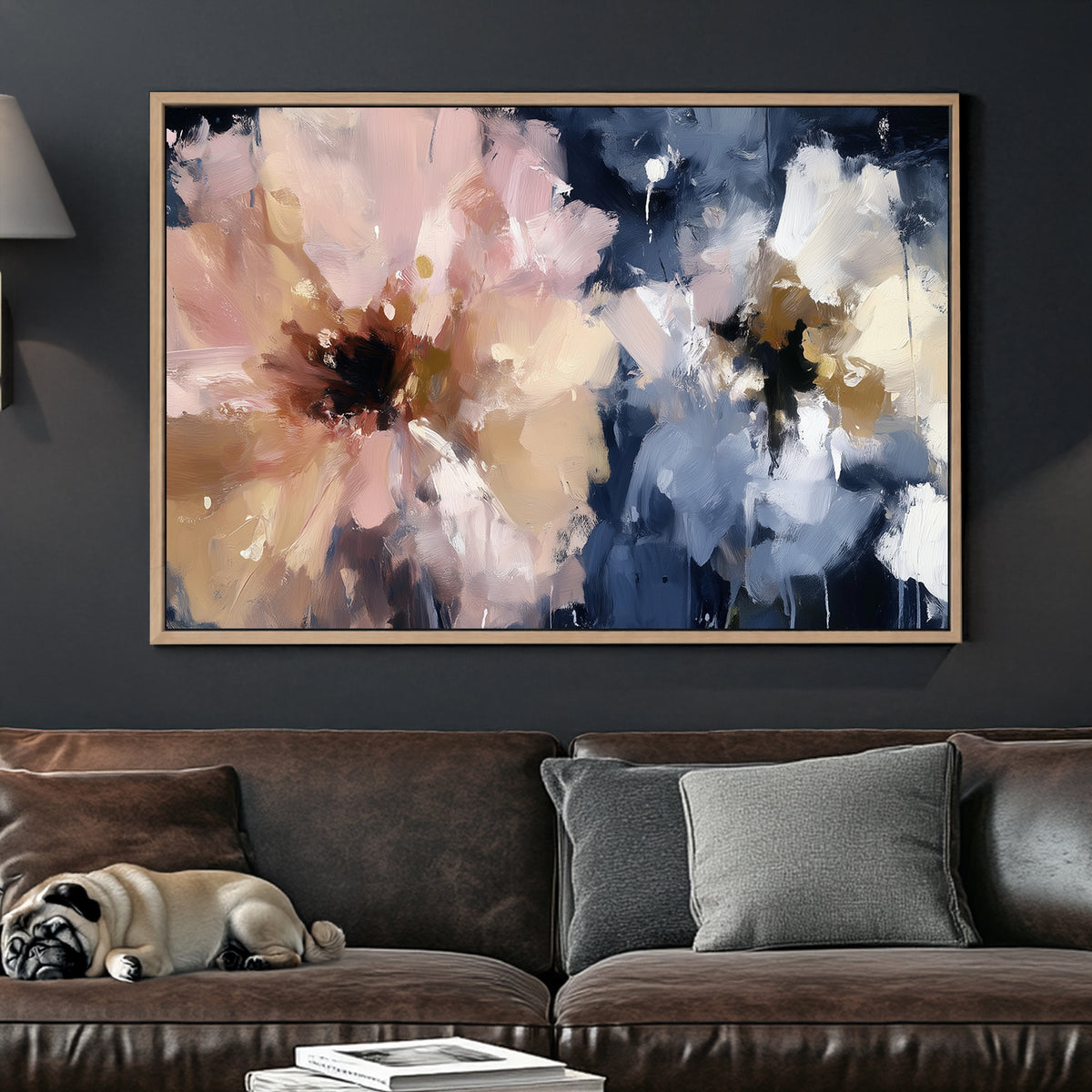 abstract floral wall art in pink, beige, and navy with expressive brushstrokes