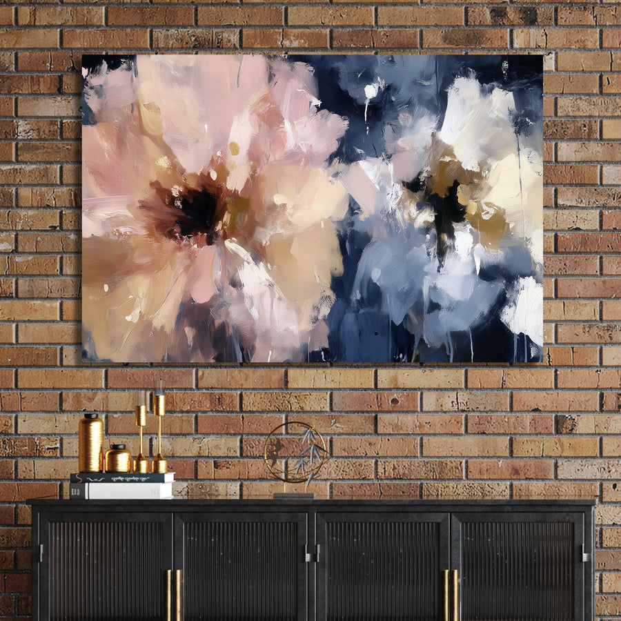 abstract floral wall art in pink, beige, and navy with expressive brushstrokes