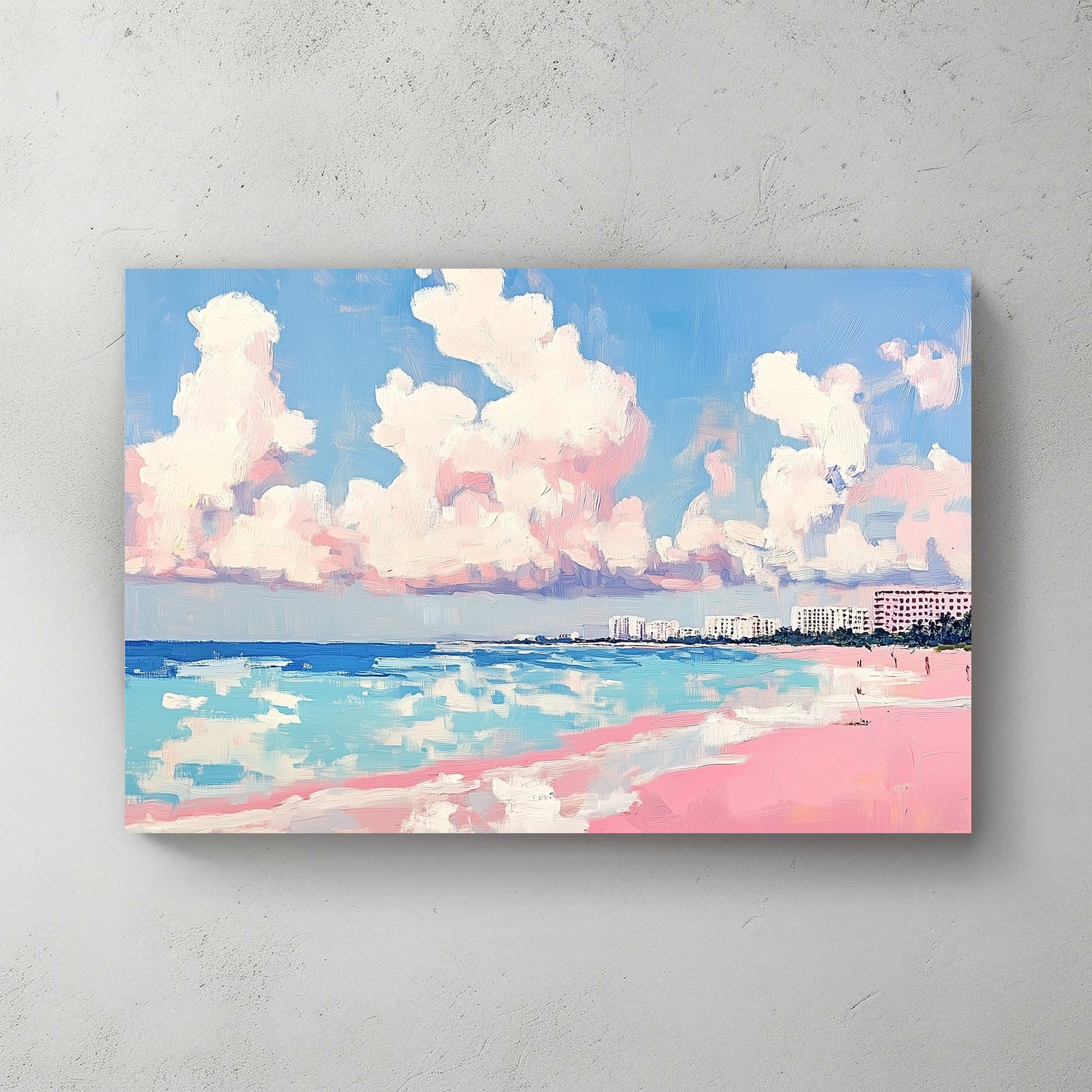 pastel beach wall art with pink sand, ocean, and cotton cloud sky