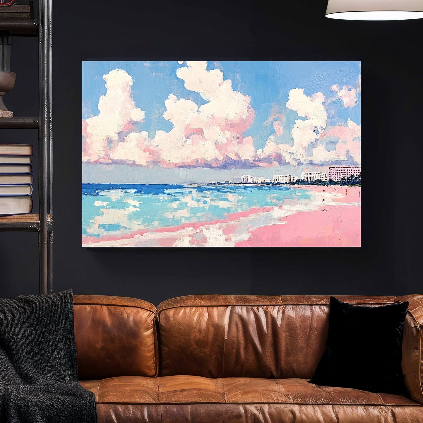 pastel beach wall art with pink sand, ocean, and cotton cloud sky