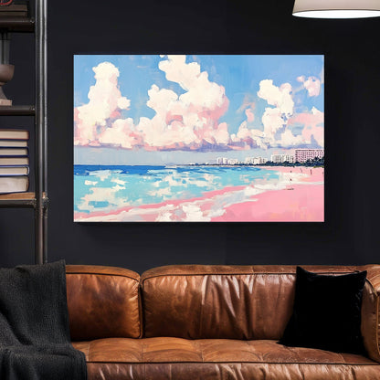 pastel beach wall art with pink sand, ocean, and cotton cloud sky