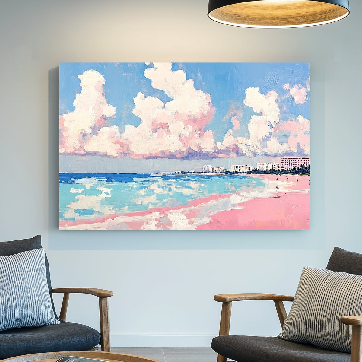 pastel beach wall art with pink sand, ocean, and cotton cloud sky