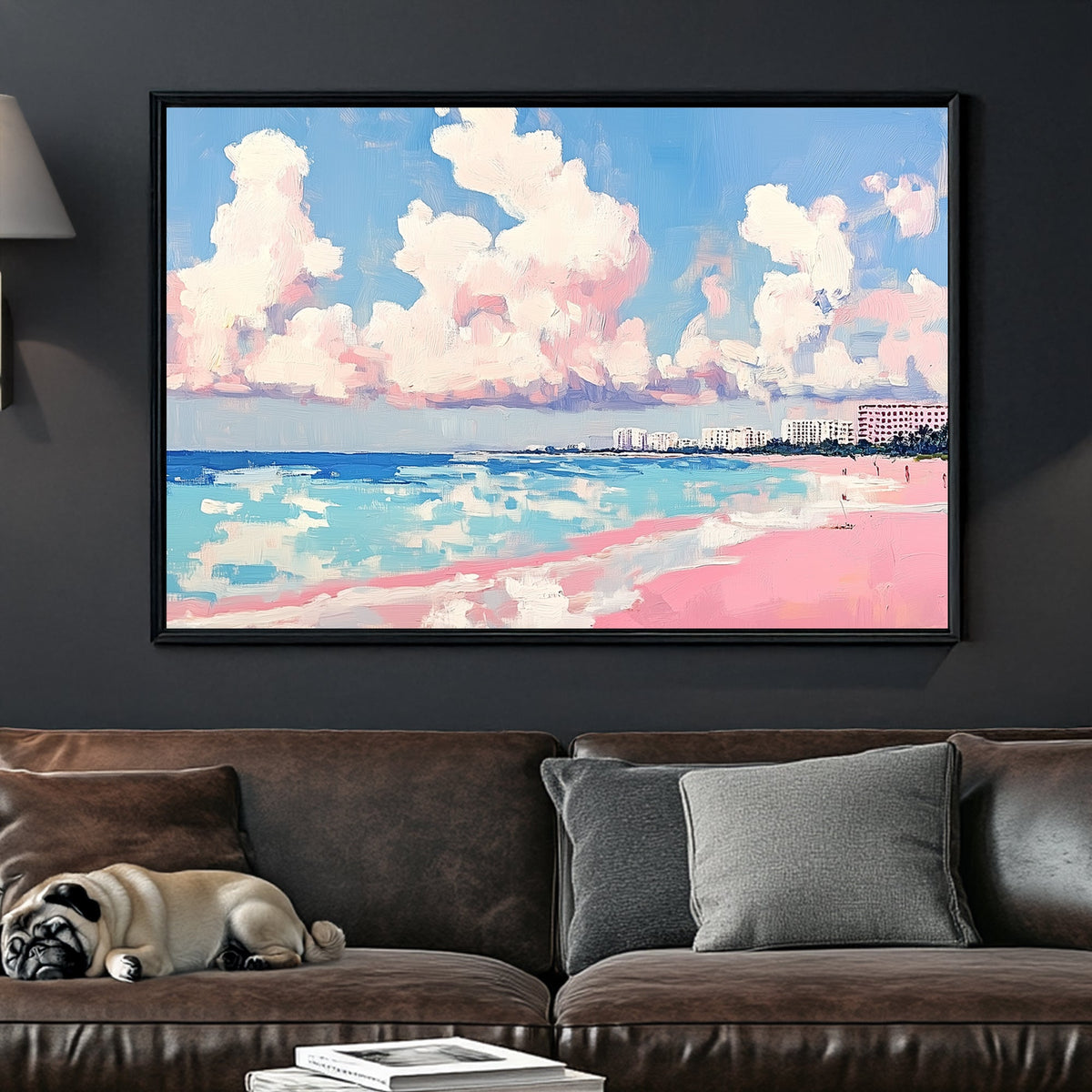 pastel beach wall art with pink sand, ocean, and cotton cloud sky