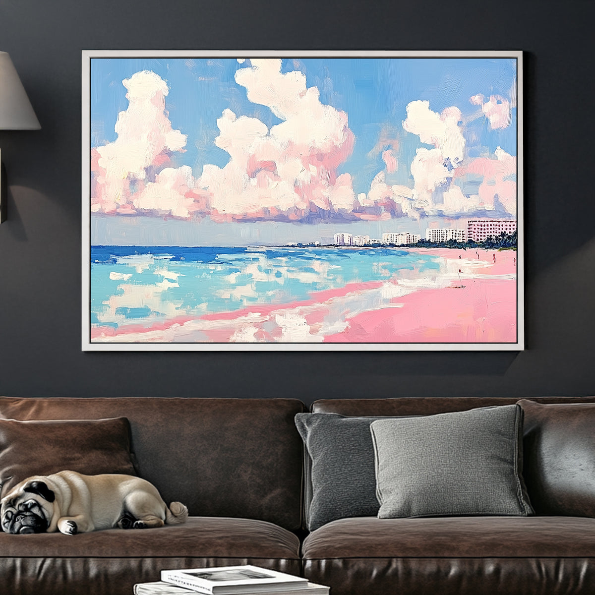 pastel beach wall art with pink sand, ocean, and cotton cloud sky