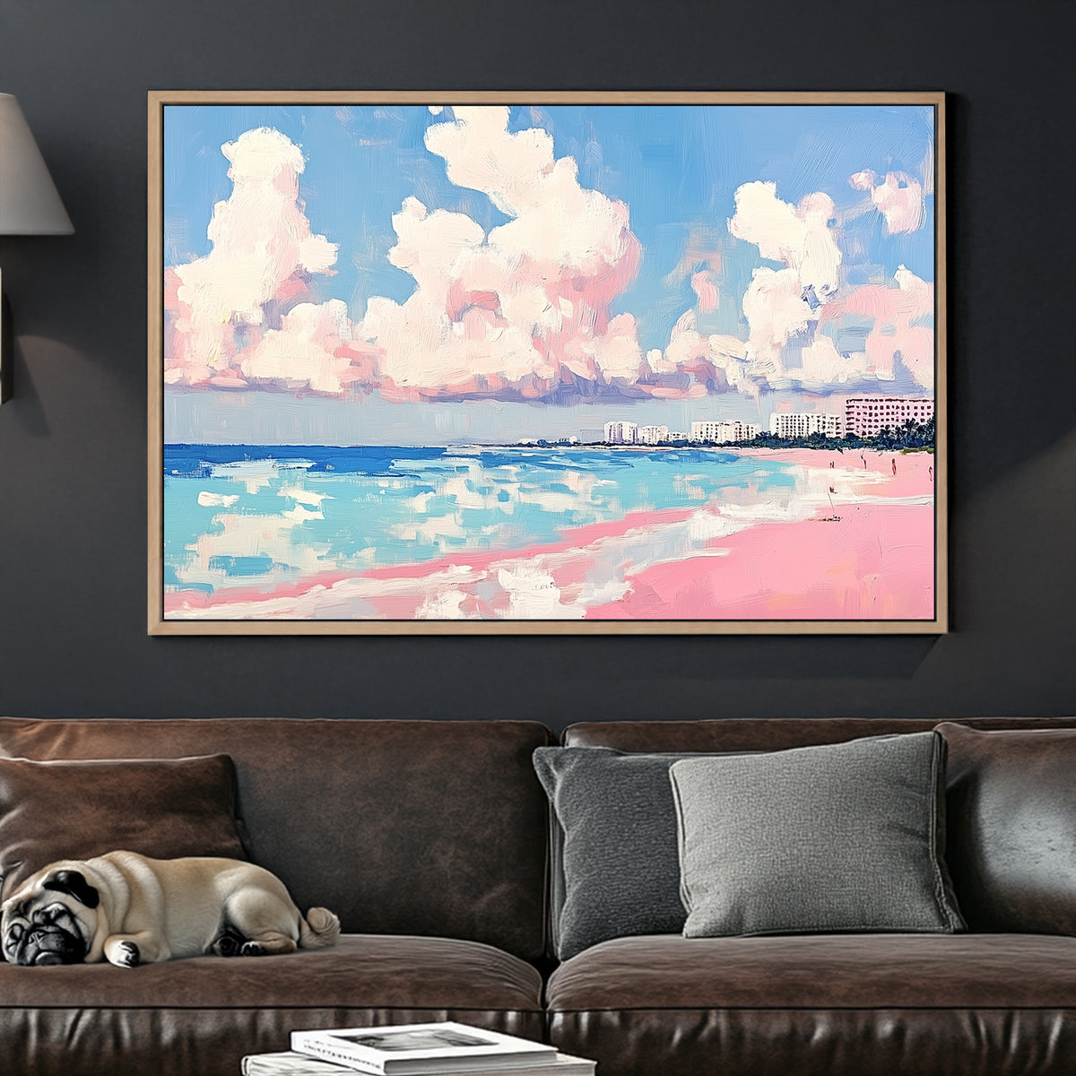 pastel beach wall art with pink sand, ocean, and cotton cloud sky