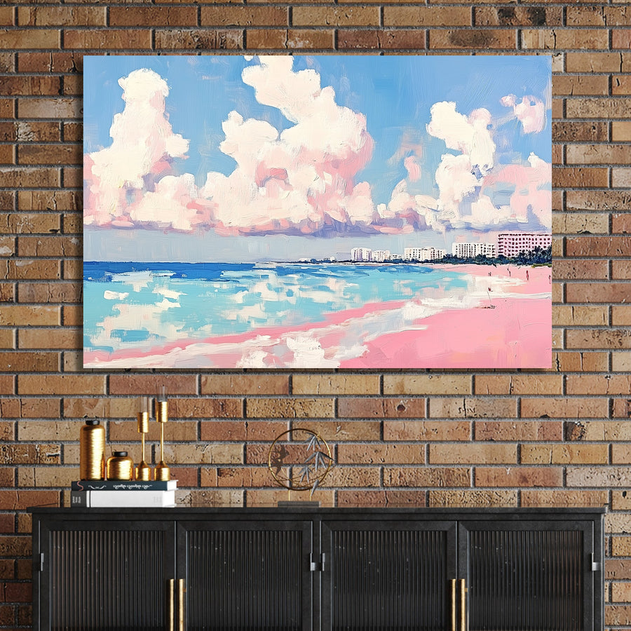 pastel beach wall art with pink sand, ocean, and cotton cloud sky