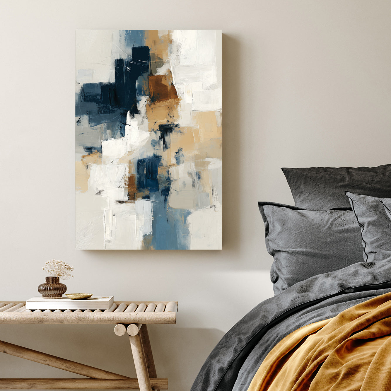 abstract wall art in navy, beige, and white with textured brushstrokes