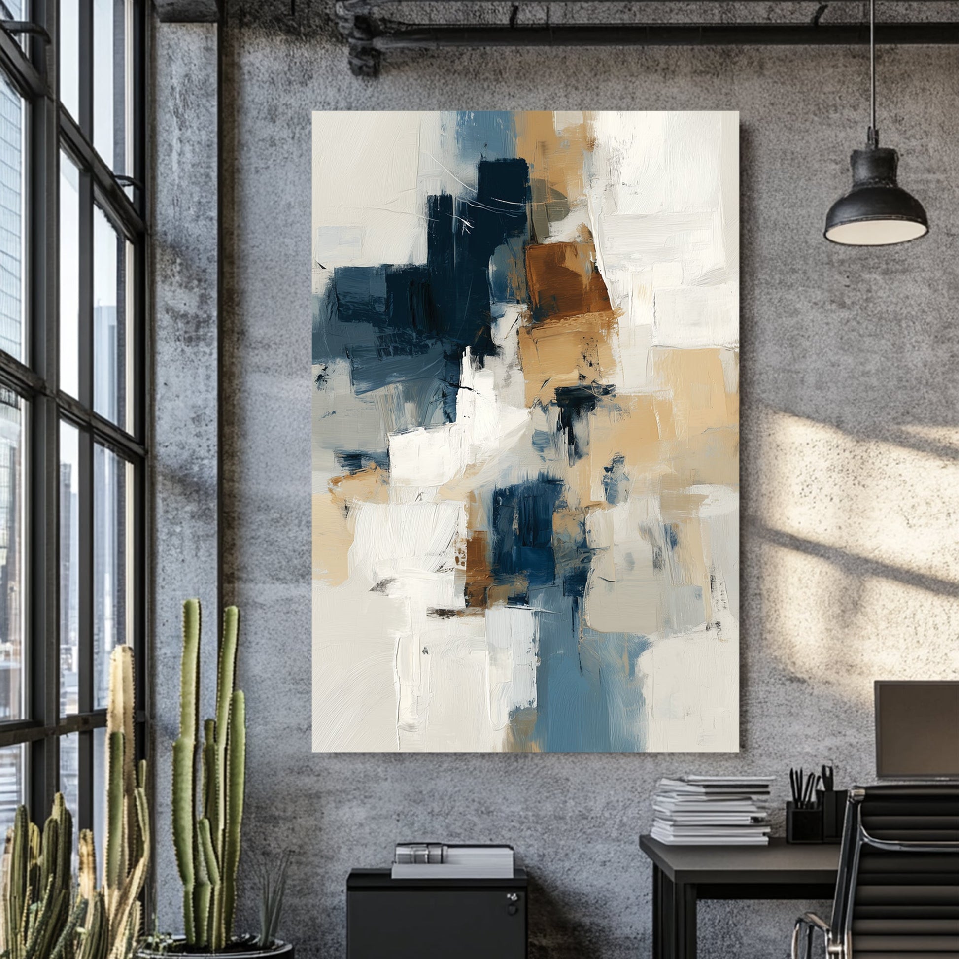 abstract wall art in navy, beige, and white with textured brushstrokes