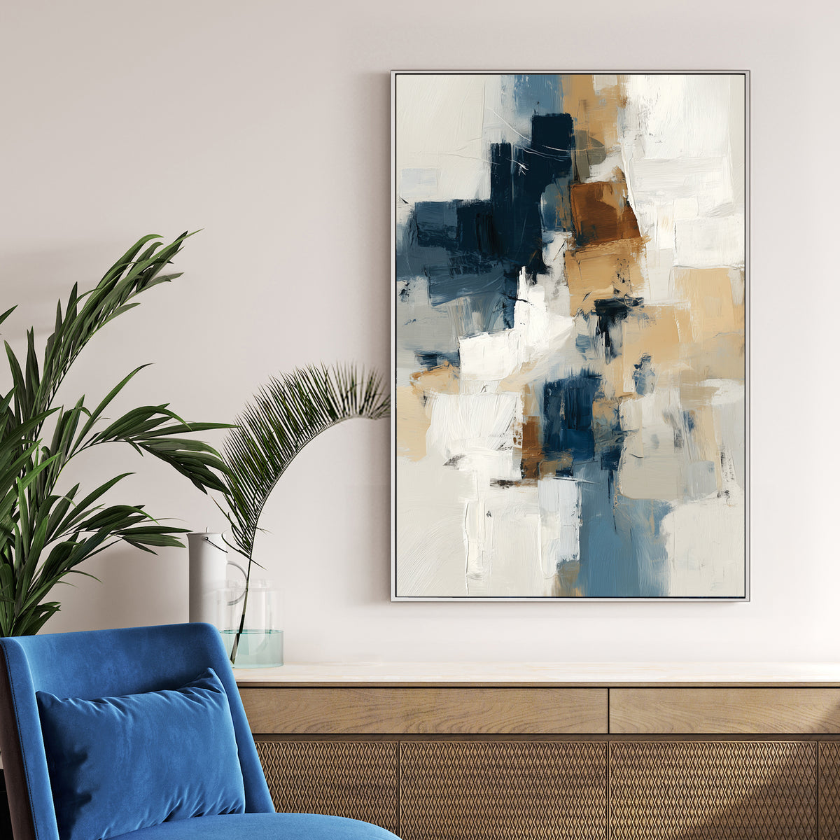 abstract wall art in navy, beige, and white with textured brushstrokes