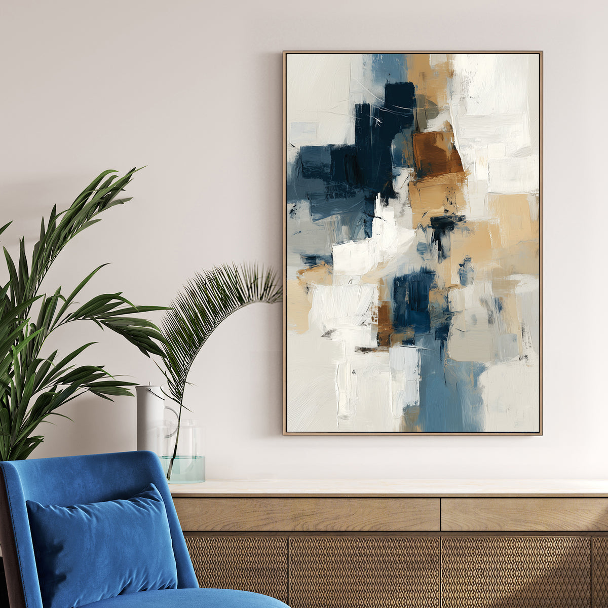 abstract wall art in navy, beige, and white with textured brushstrokes