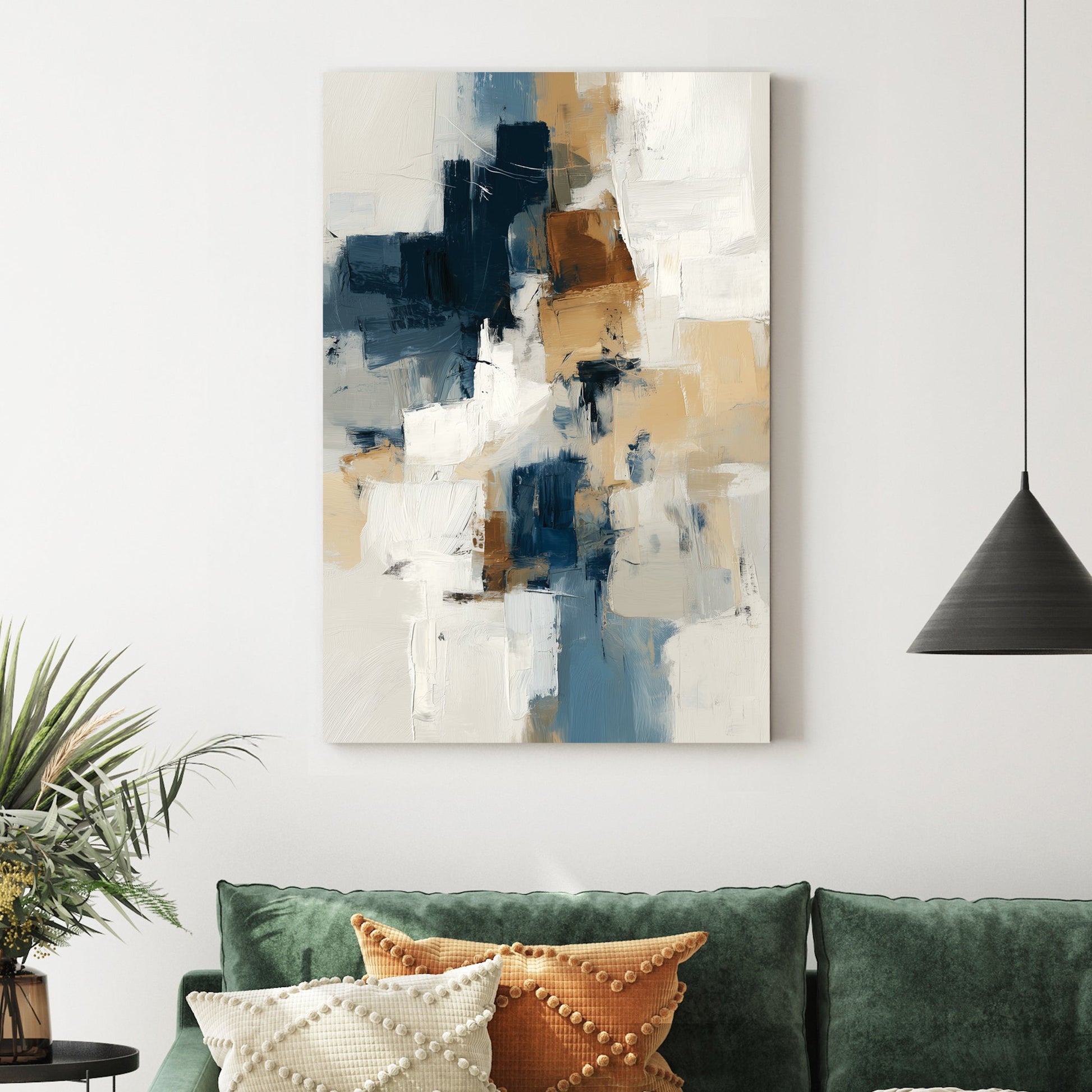 abstract wall art in navy, beige, and white with textured brushstrokes