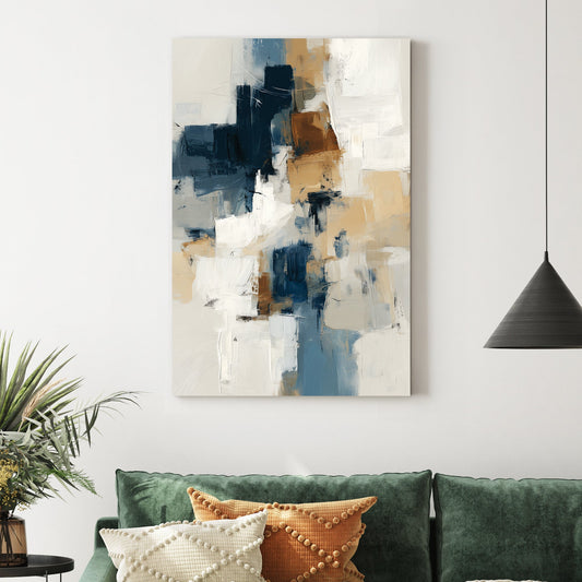 abstract wall art in navy, beige, and white with textured brushstrokes