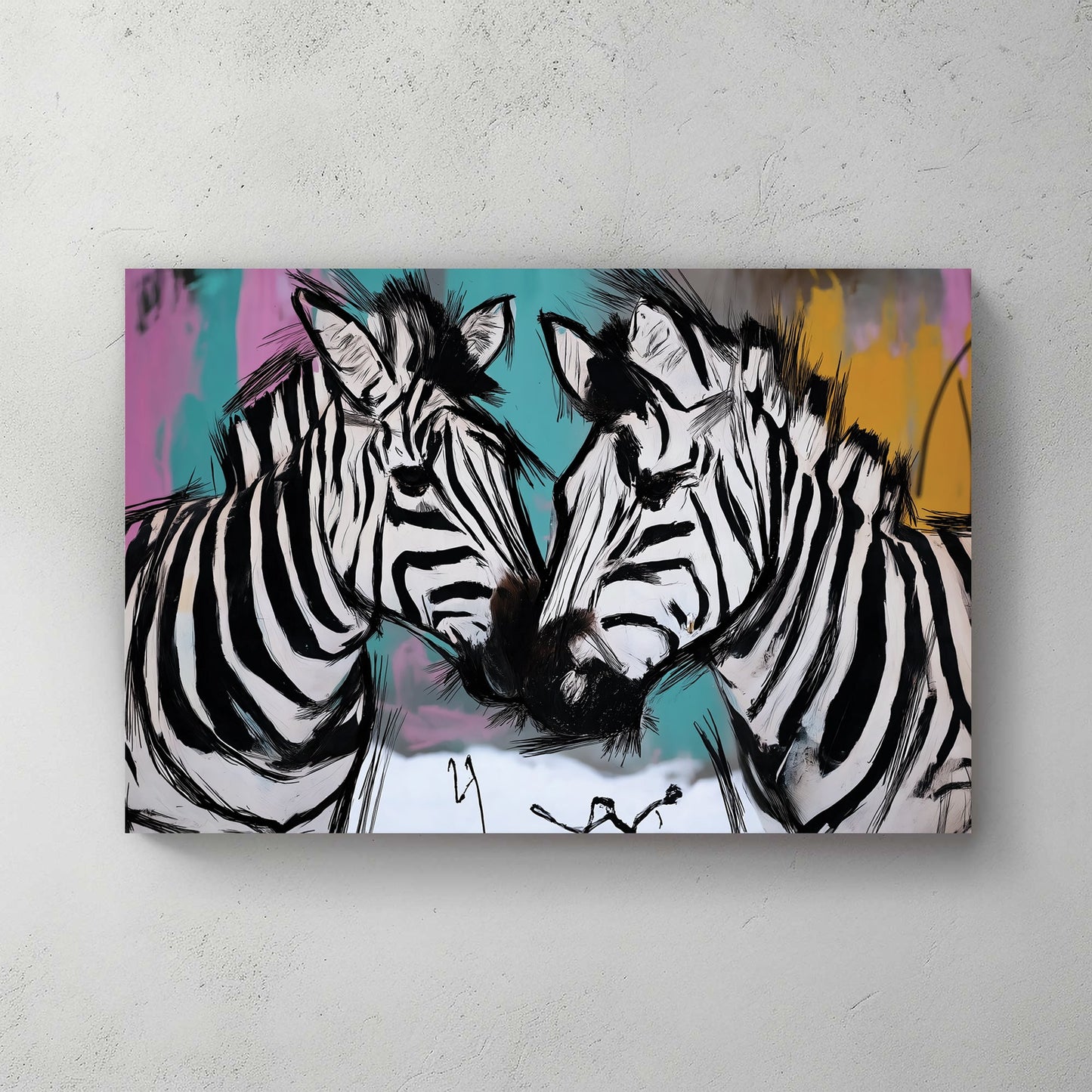 graffiti-style zebra wall art with colourful background