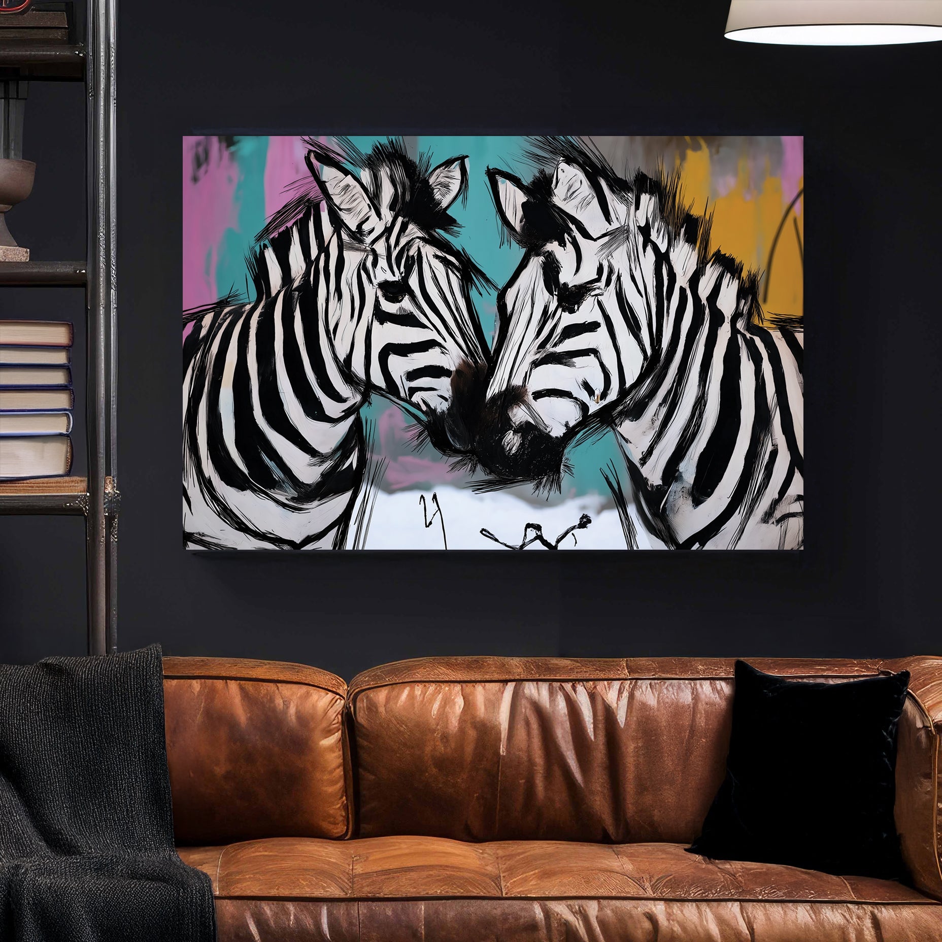graffiti-style zebra wall art with colourful background