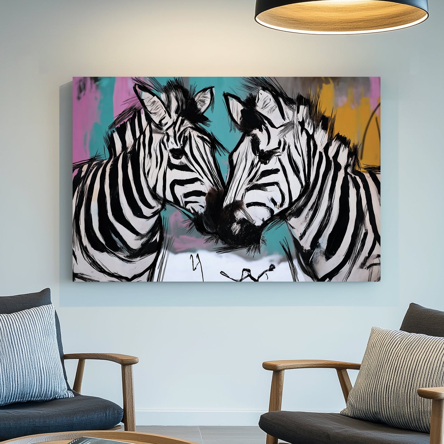 graffiti-style zebra wall art with colourful background