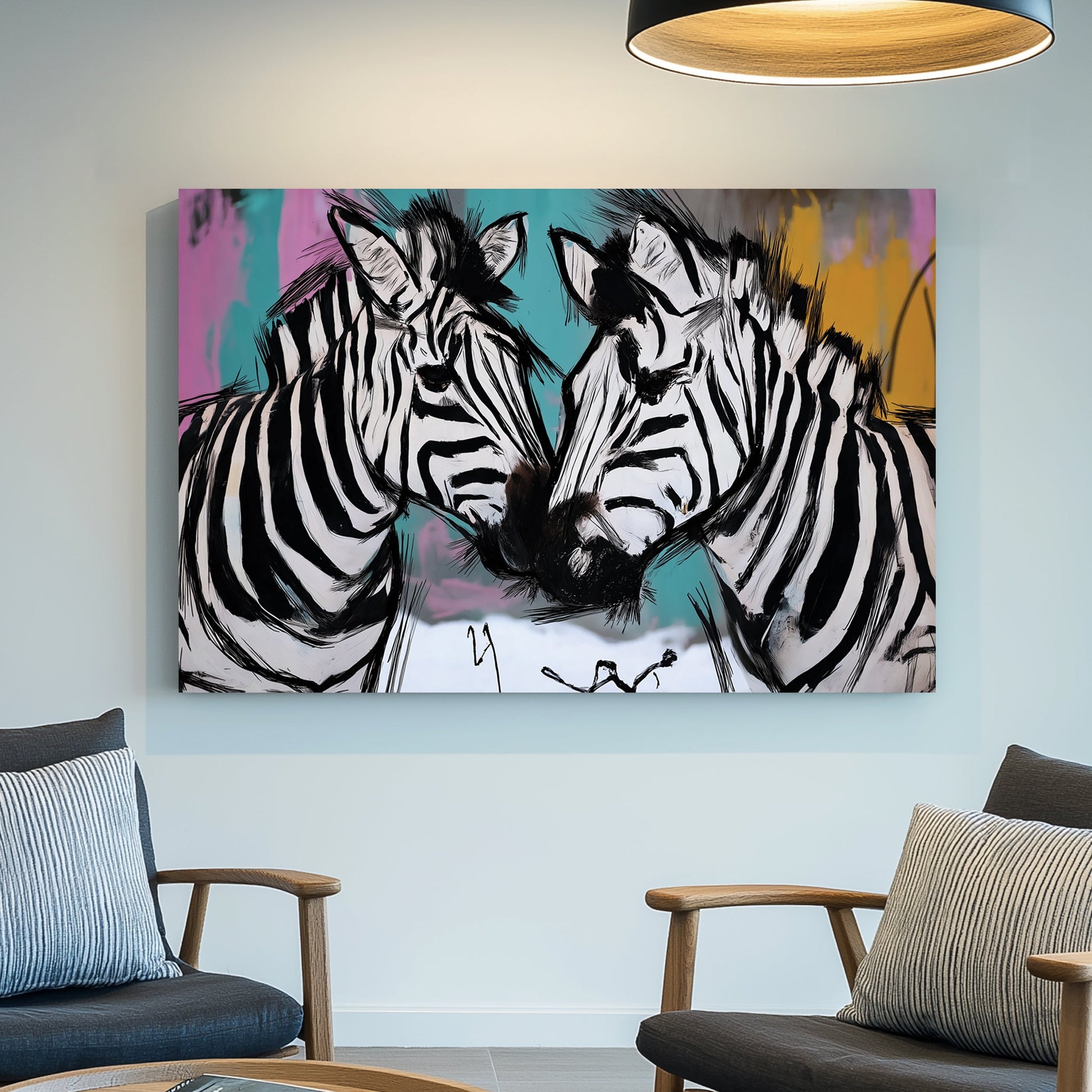 graffiti-style zebra wall art with colourful background