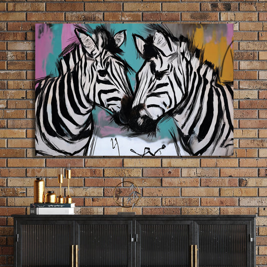 graffiti-style zebra wall art with colourful background