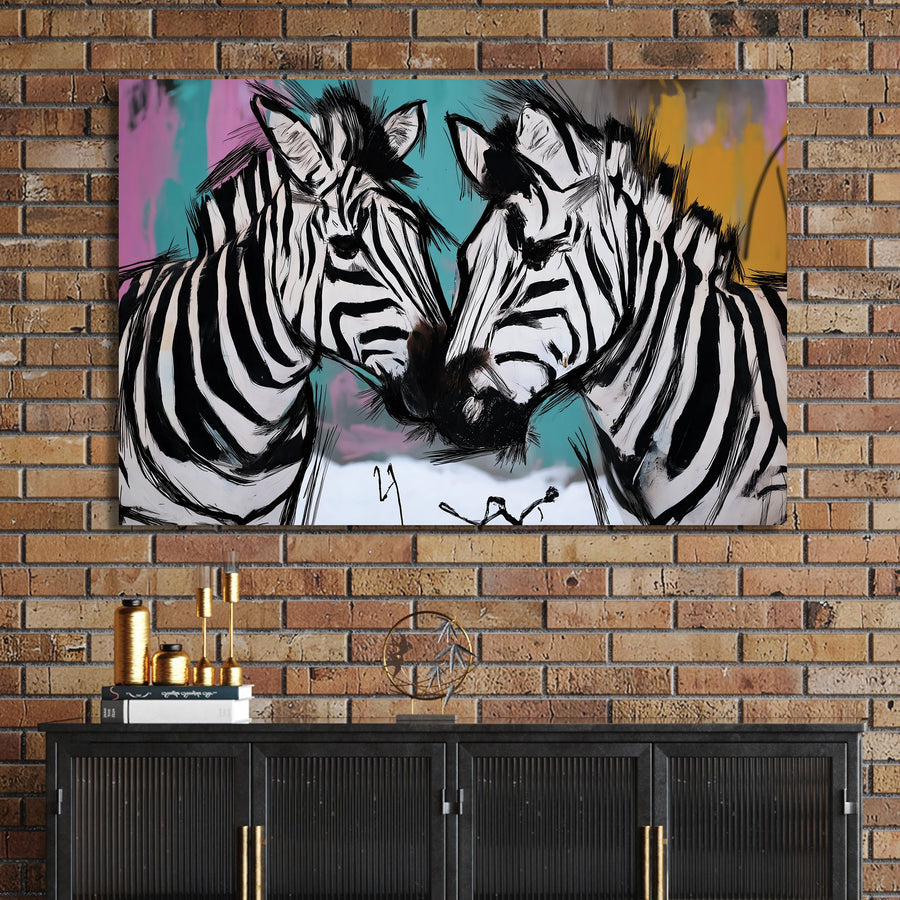 graffiti-style zebra wall art with colourful background