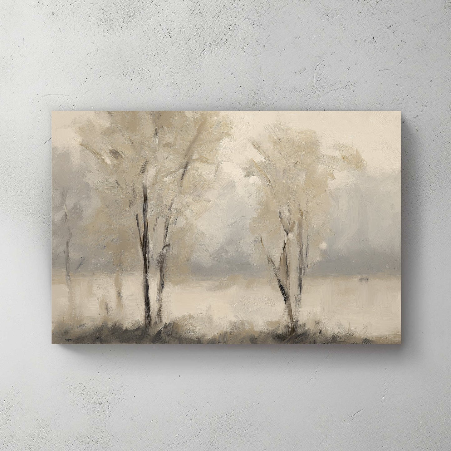 minimal foggy tree landscape wall art in neutral tones