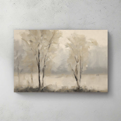 minimal foggy tree landscape wall art in neutral tones