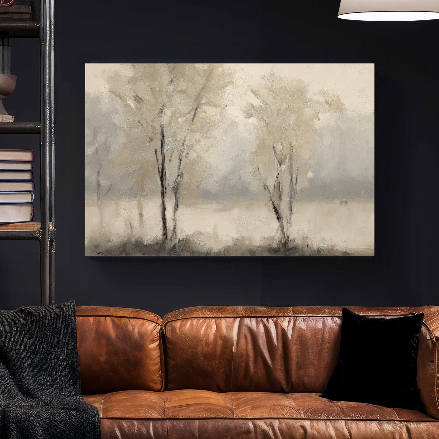 minimal foggy tree landscape wall art in neutral tones