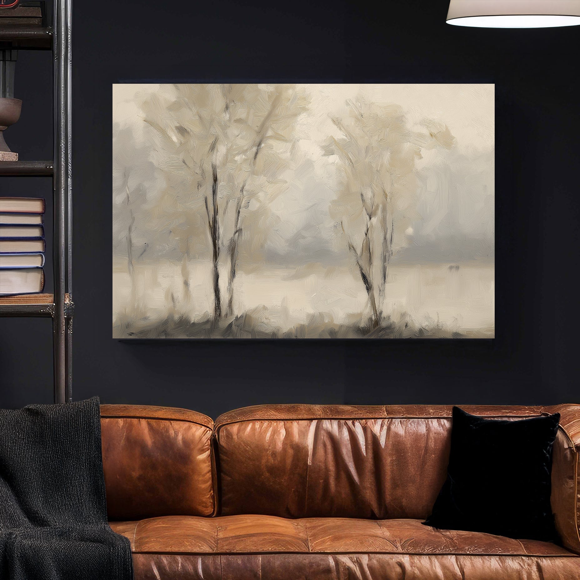 minimal foggy tree landscape wall art in neutral tones