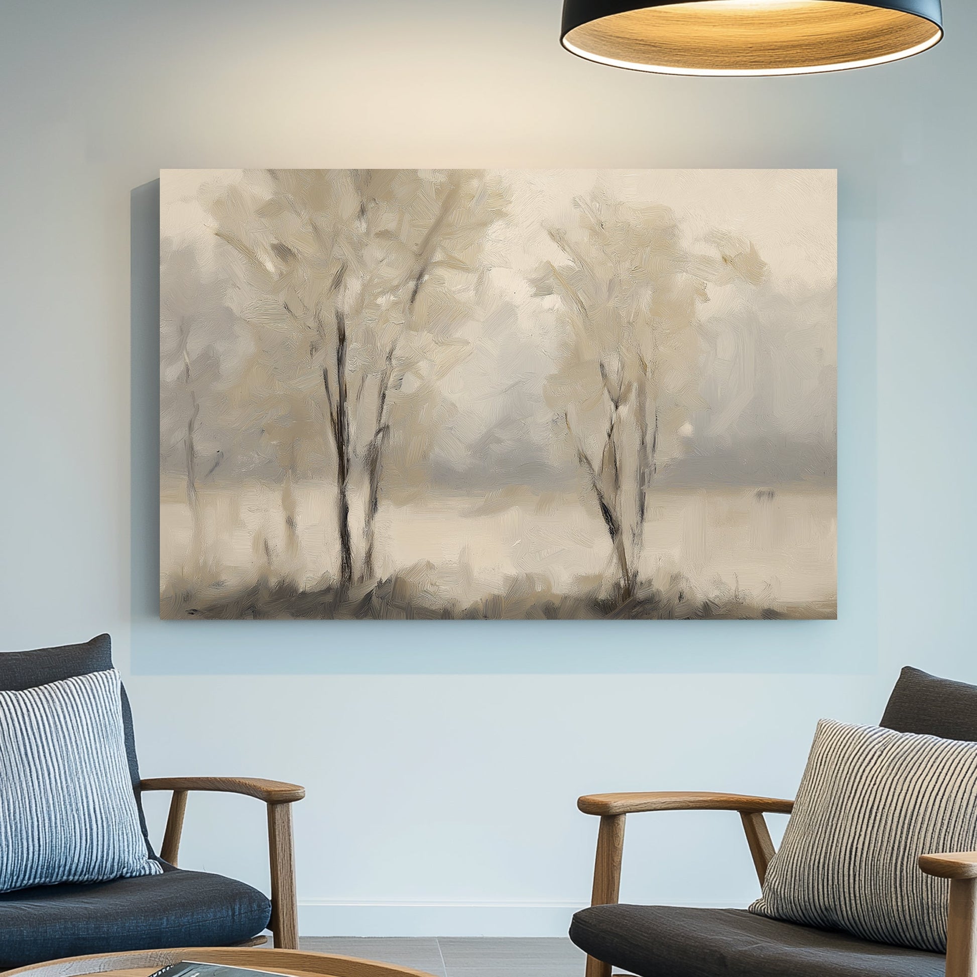 minimal foggy tree landscape wall art in neutral tones