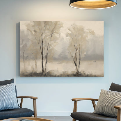 minimal foggy tree landscape wall art in neutral tones
