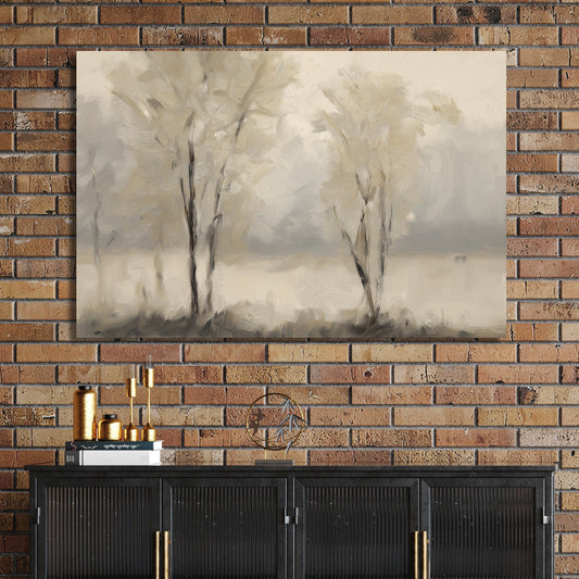 minimal foggy tree landscape wall art in neutral tones