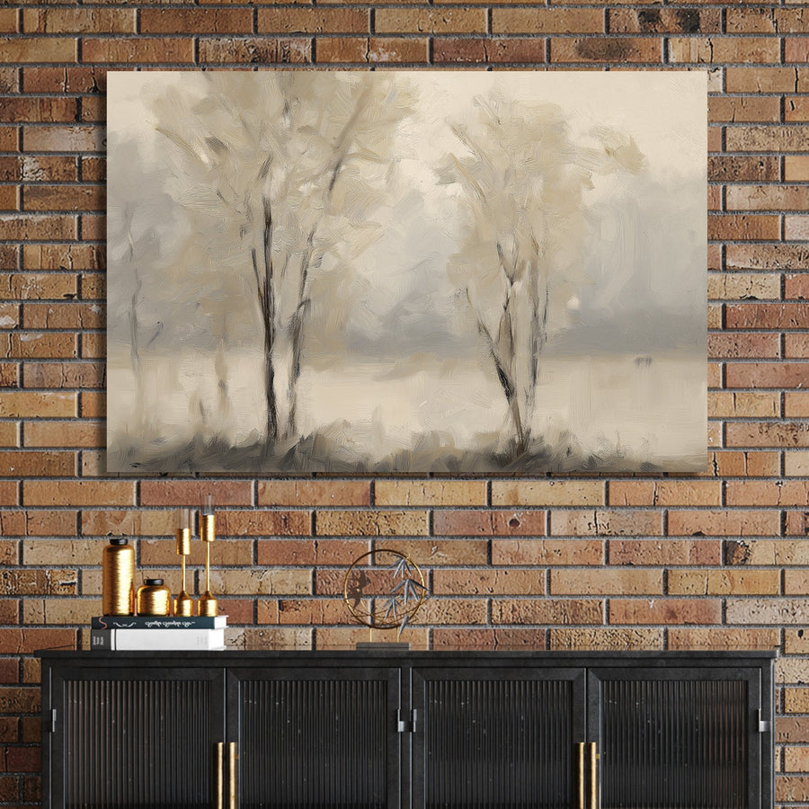 minimal foggy tree landscape wall art in neutral tones