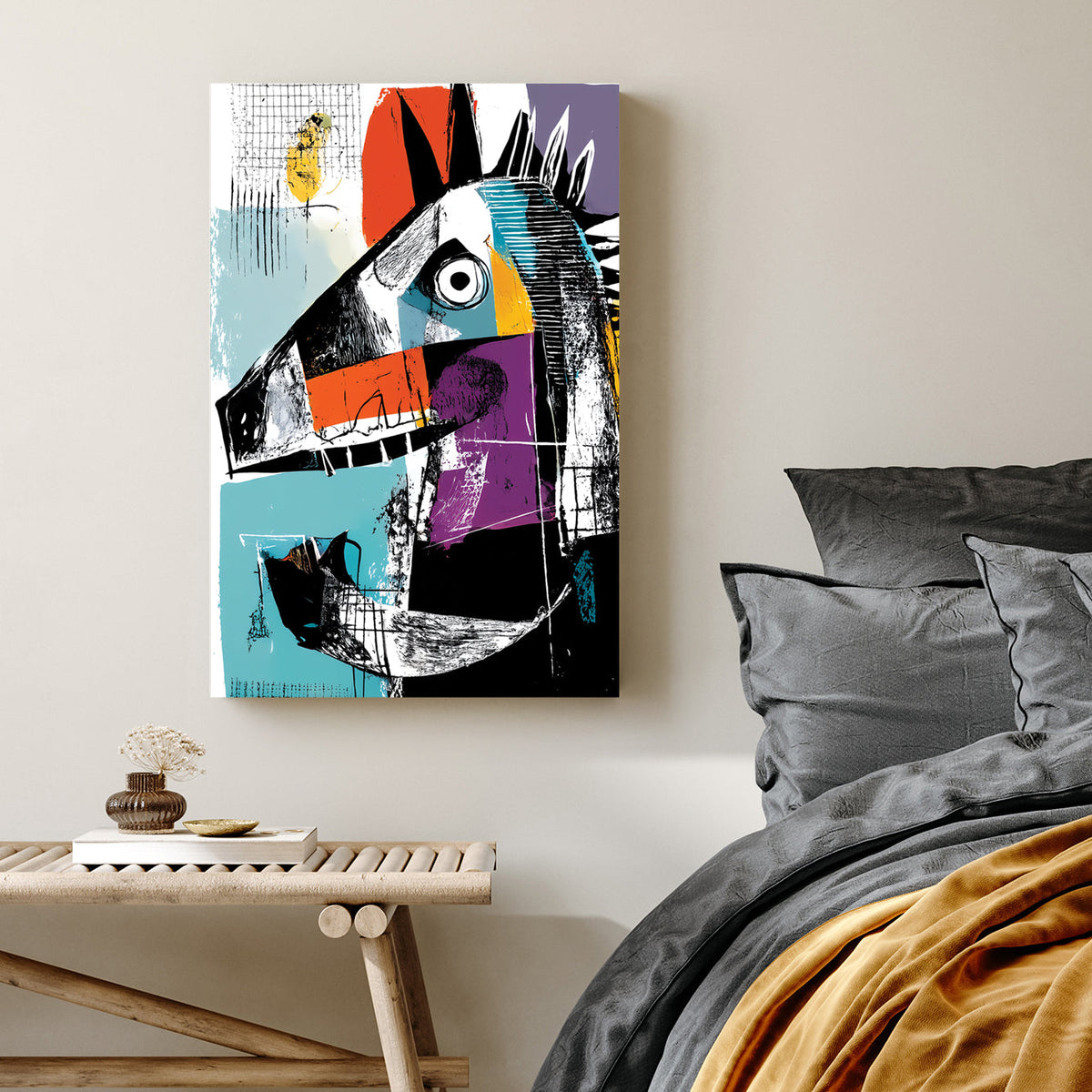 colourful cubist horse graffiti wall art with bold abstract shapes