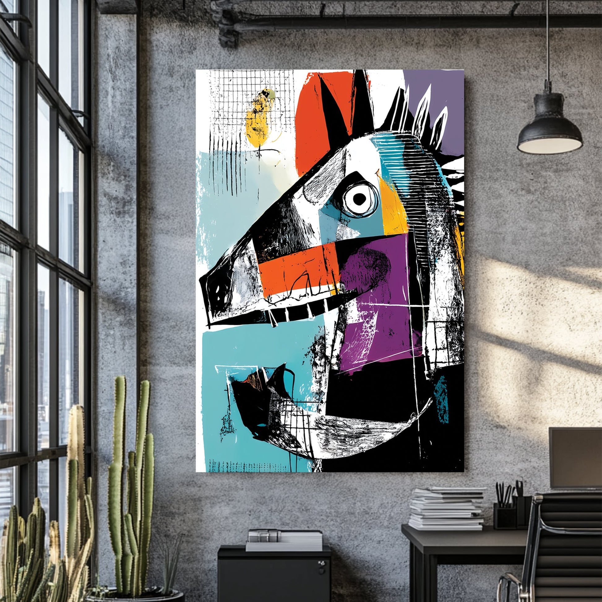 colourful cubist horse graffiti wall art with bold abstract shapes
