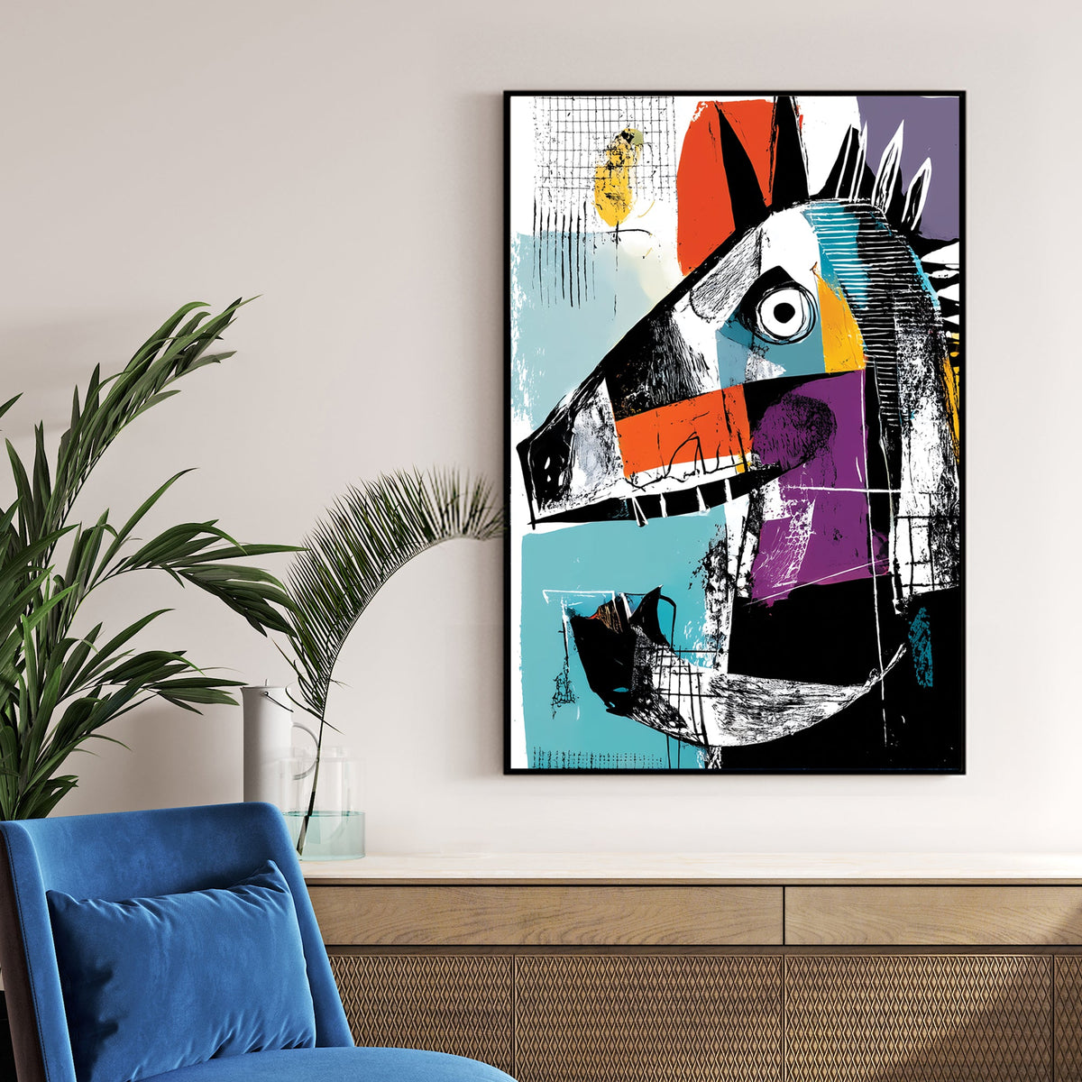 colourful cubist horse graffiti wall art with bold abstract shapes