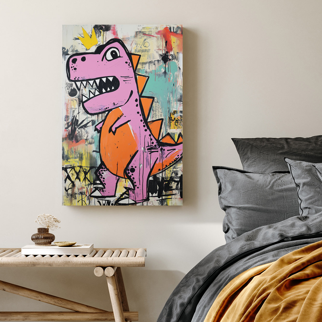 pink dinosaur graffiti wall art