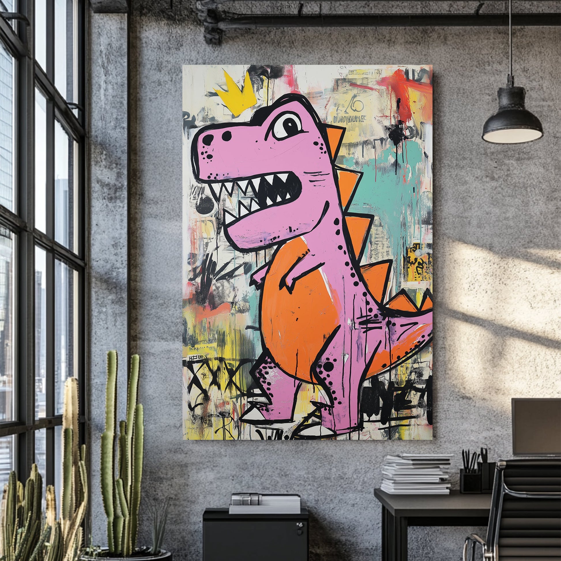 pink dinosaur graffiti wall art