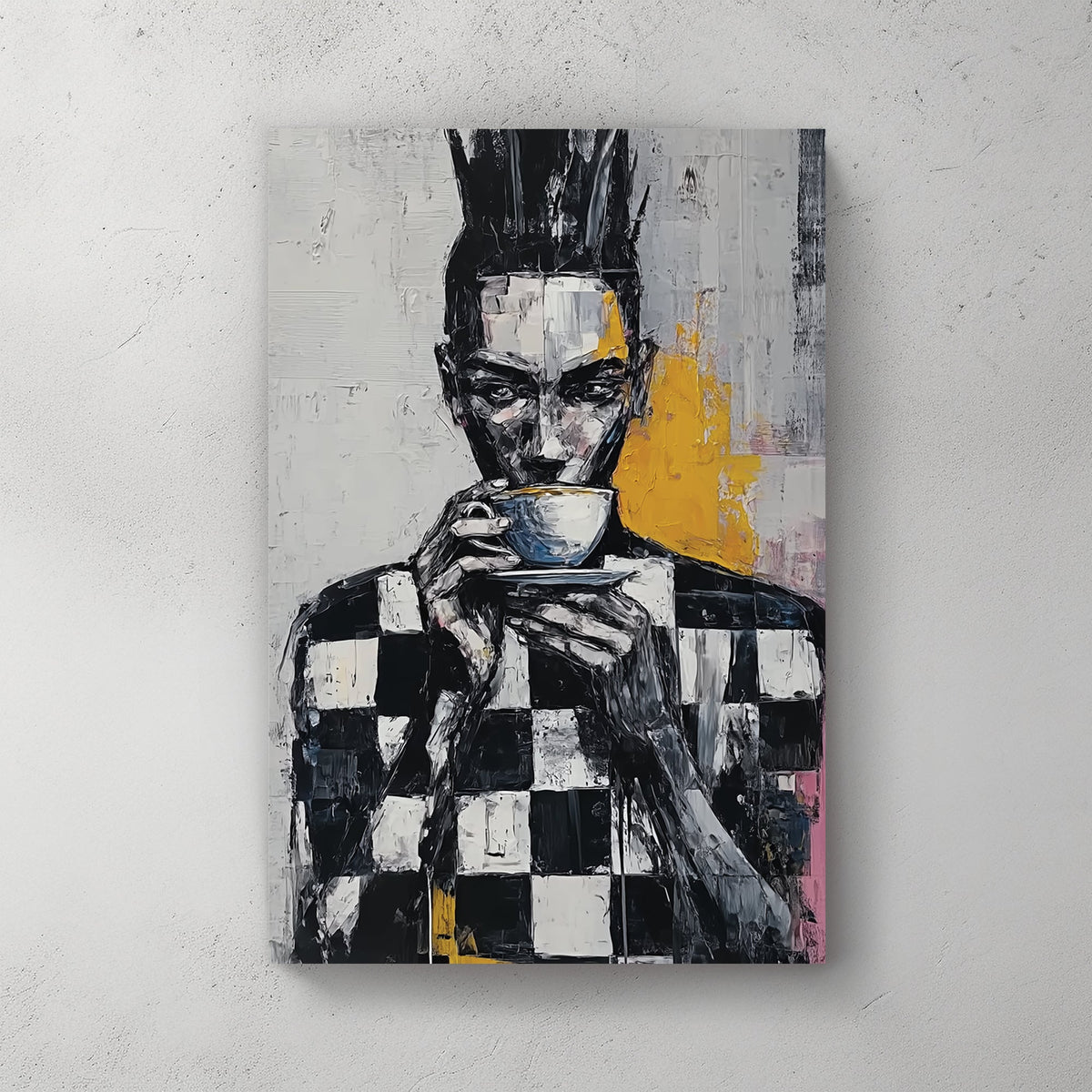 abstract wall art of figure in checkerboard shirt holding a cup