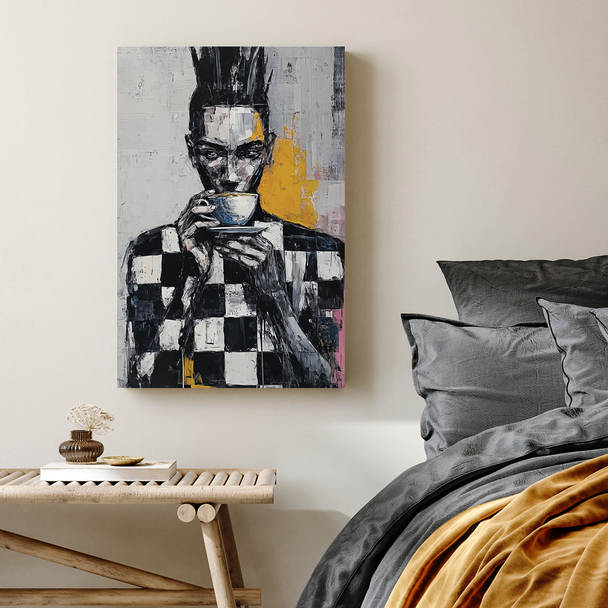 abstract wall art of figure in checkerboard shirt holding a cup