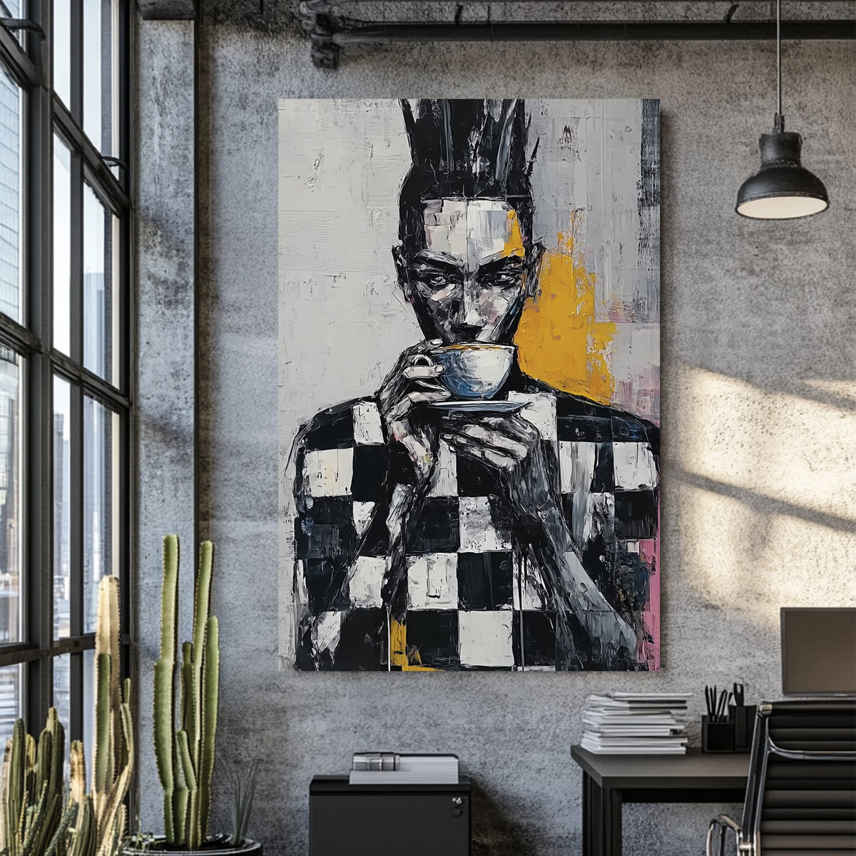 abstract wall art of figure in checkerboard shirt holding a cup