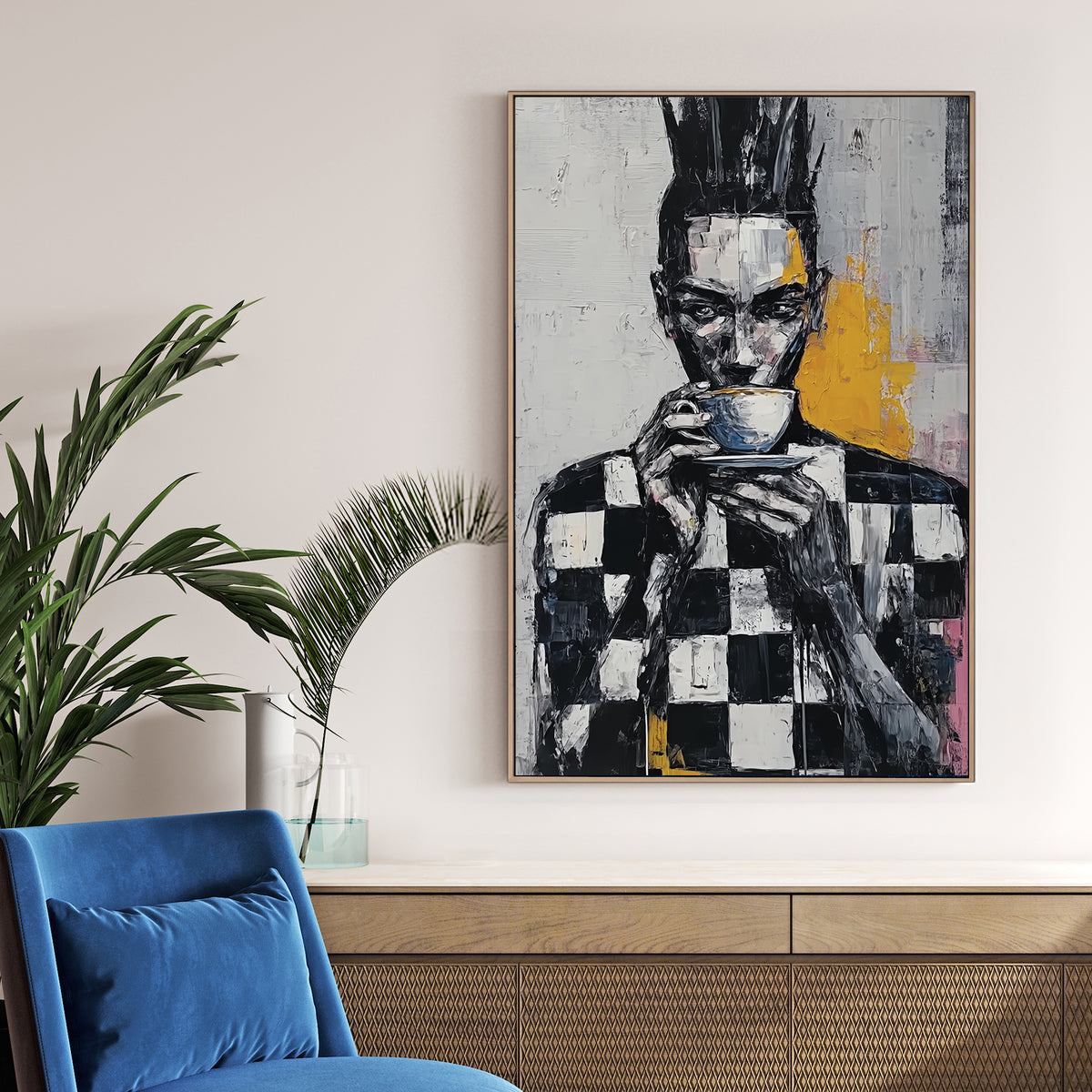 abstract wall art of figure in checkerboard shirt holding a cup