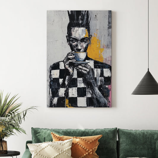 abstract wall art of figure in checkerboard shirt holding a cup