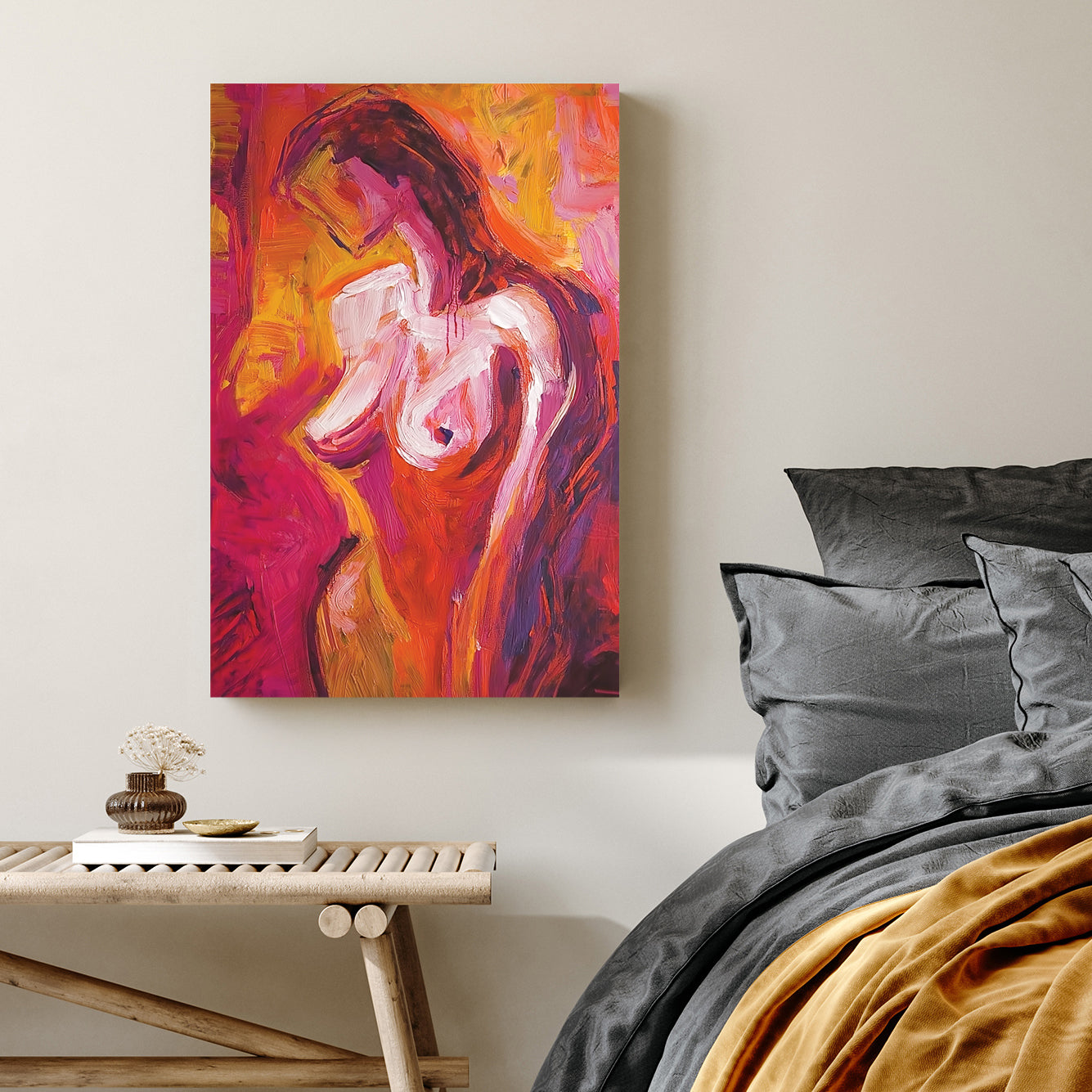abstract wall art of nude woman in vibrant warm colours