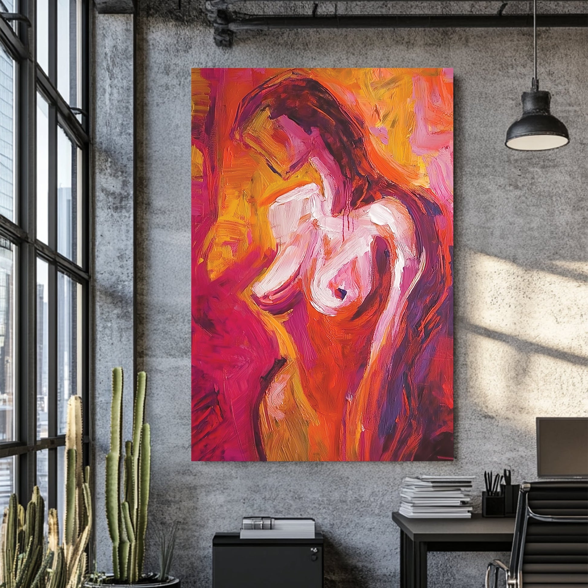 abstract wall art of nude woman in vibrant warm colours
