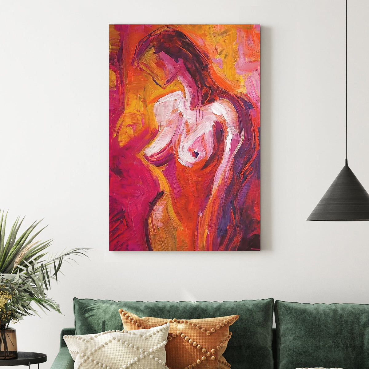 abstract wall art of nude woman in vibrant warm colours