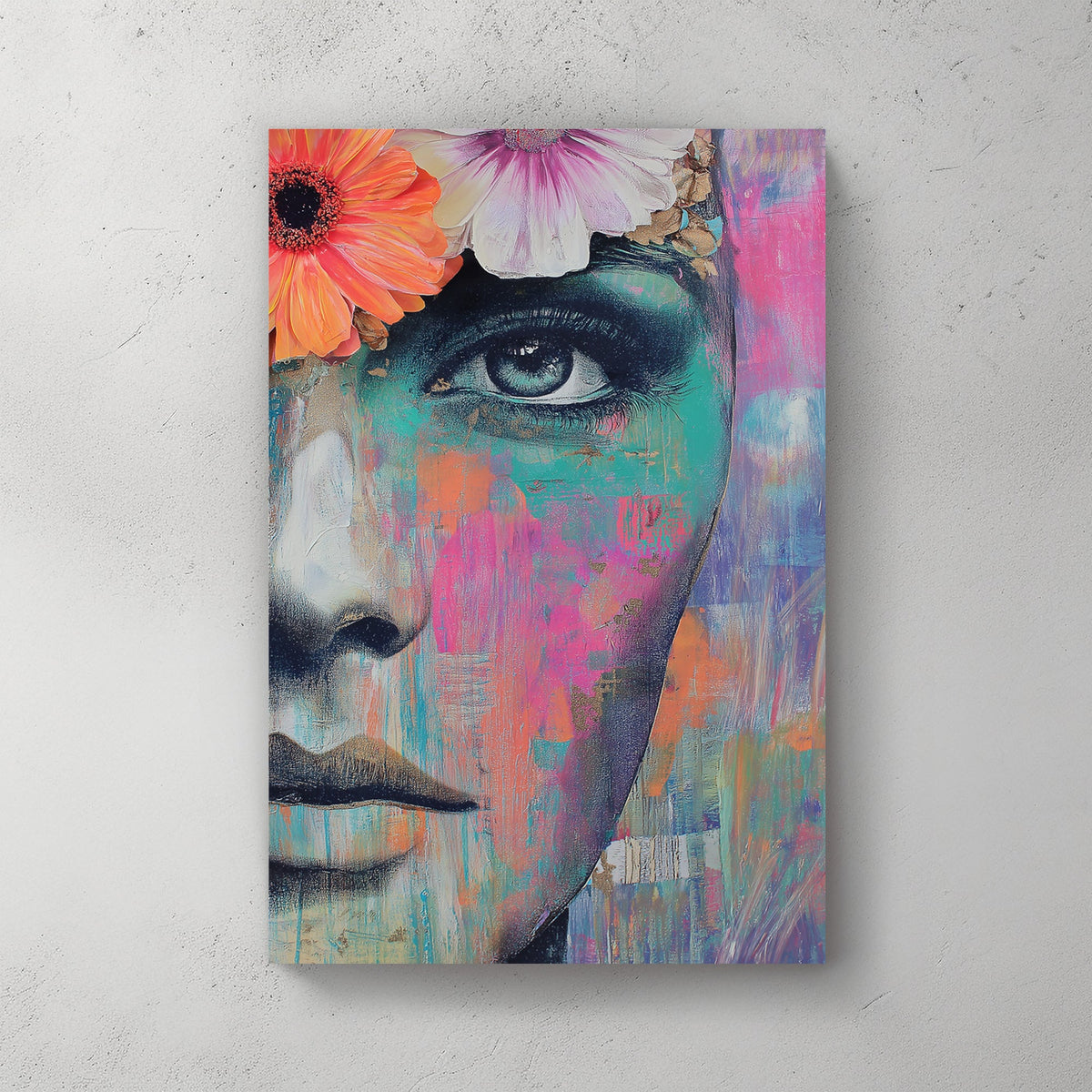 vibrant female portrait wall art with flowers