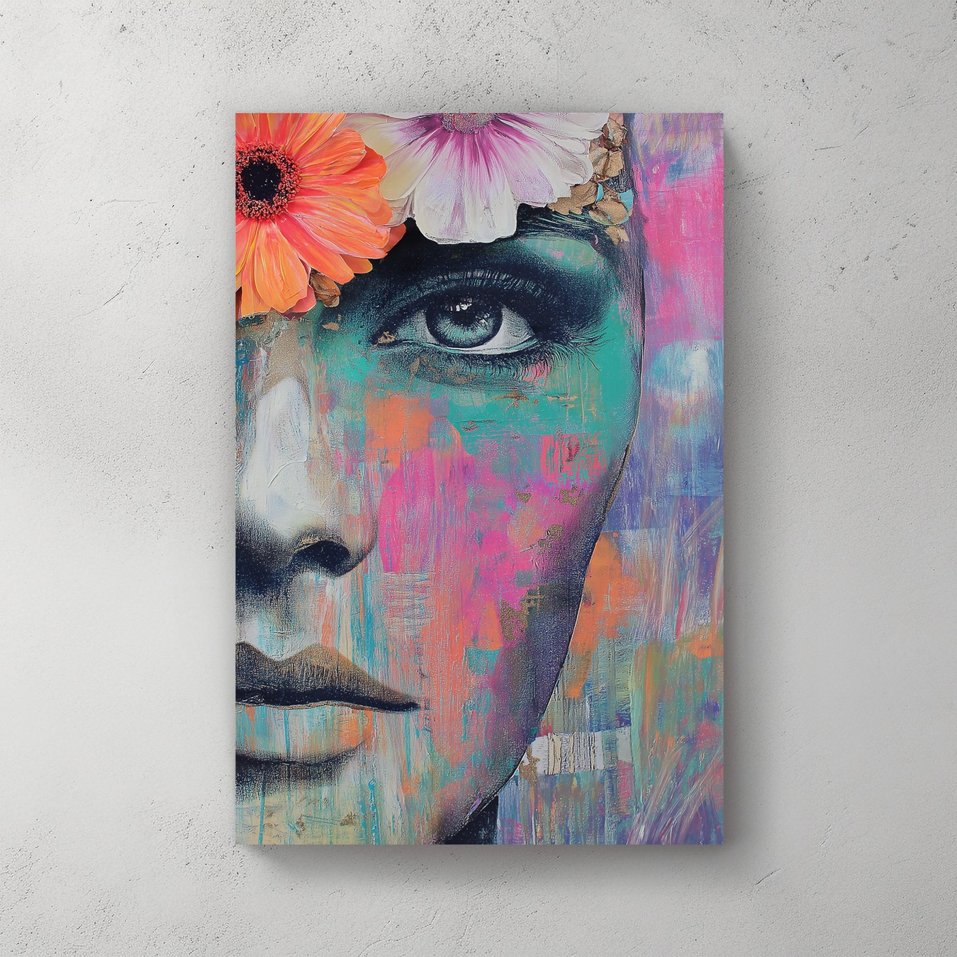 vibrant female portrait wall art with flowers