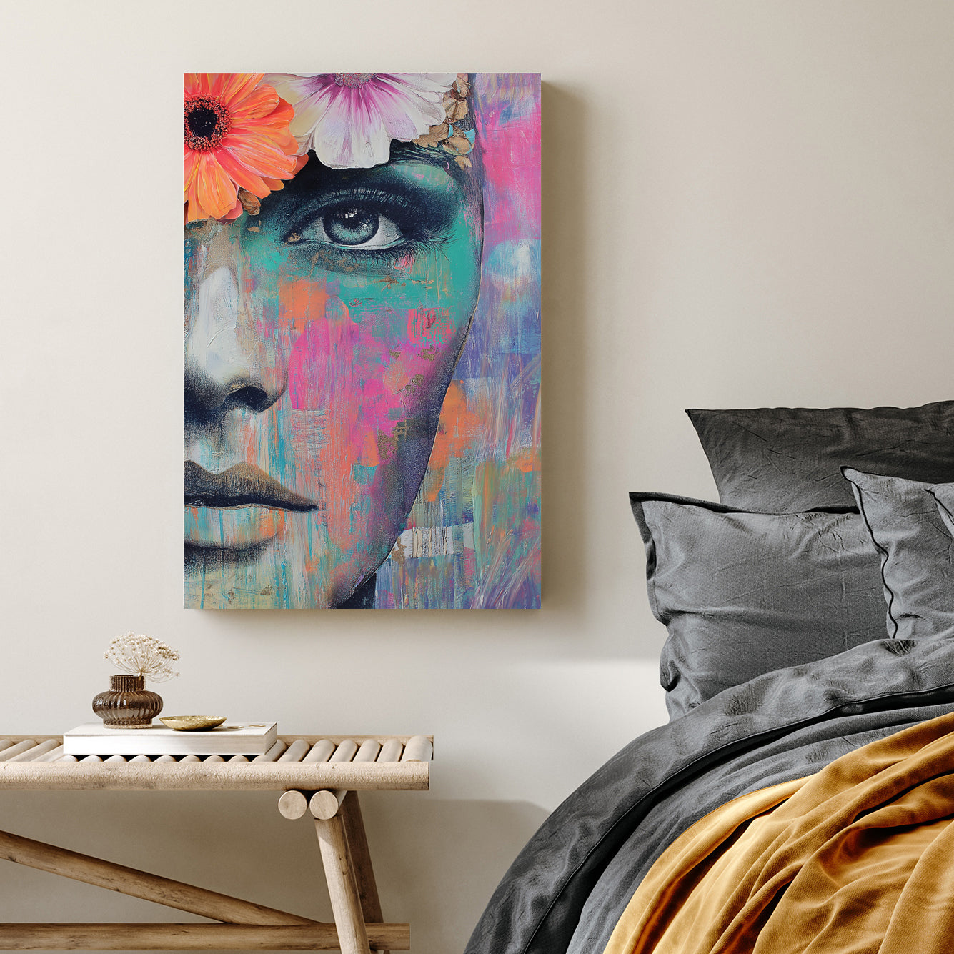 vibrant female portrait wall art with flowers